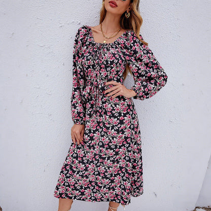Autumn Elegant Retro Backless Bubble Sleeve Square Collar Floral Dress by Ragazza