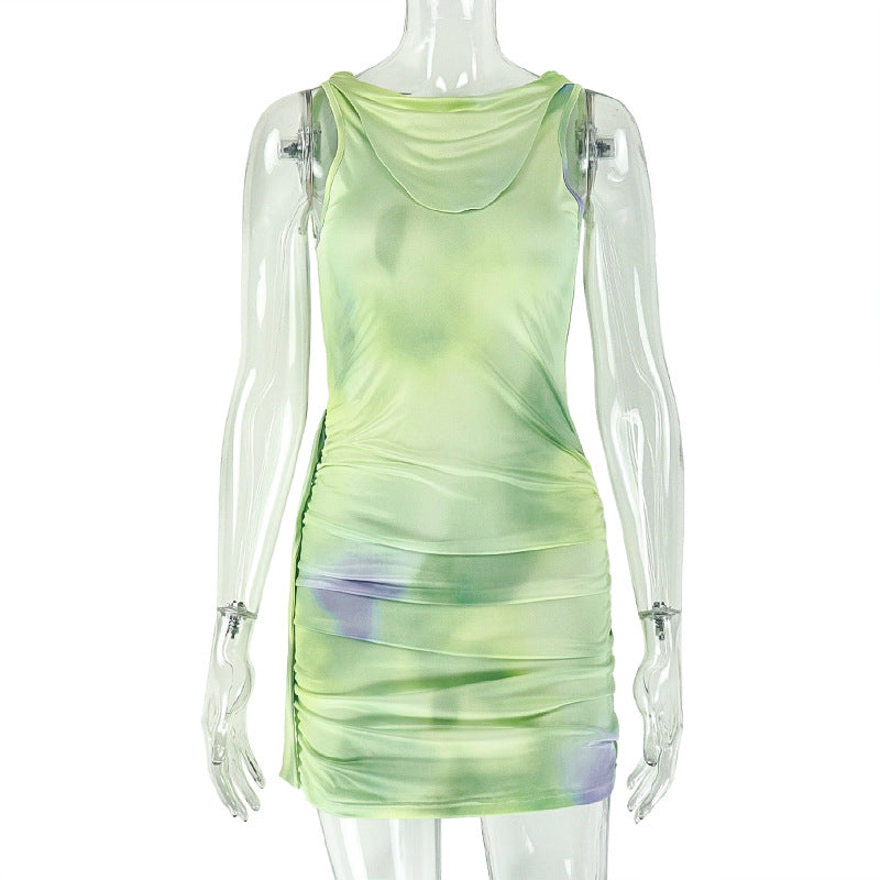 Women Clothing Pleated Sleeveless Color Matching Tight Waist Hip Dress Shopping Mall round Neck Printed Short Dress by Ragazza