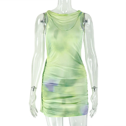 Women Clothing Pleated Sleeveless Color Matching Tight Waist Hip Dress Shopping Mall round Neck Printed Short Dress 