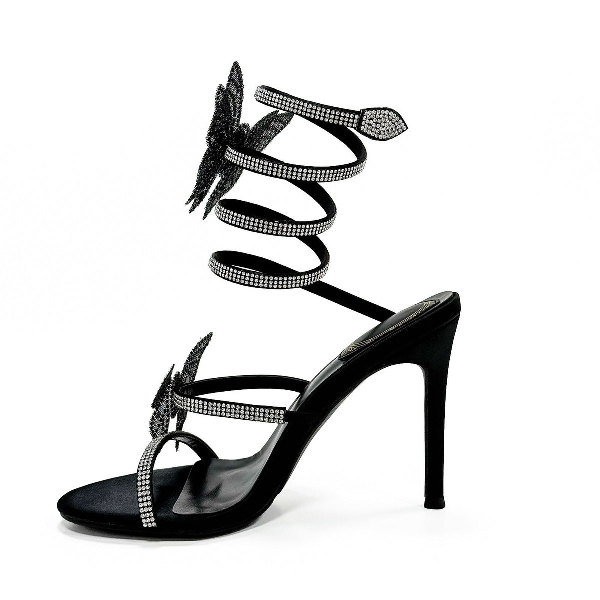 Black White Champagne 10cm Stiletto Heel Small round Toe Butterfly Rhinestone High Heel Women Sandals Summer Heels  DestGlow