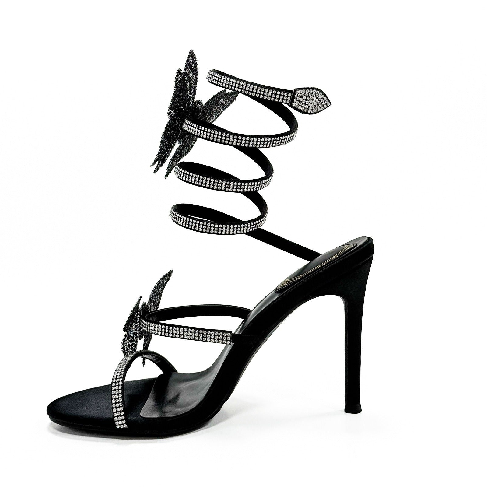 Black White Champagne 10cm Stiletto Heel Small round Toe Butterfly Rhinestone High Heel Women Sandals Summer Heels  DestGlow