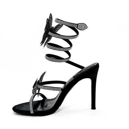 Black White Champagne 10cm Stiletto Heel Small round Toe Butterfly Rhinestone High Heel Women Sandals Summer Heels  DestGlow