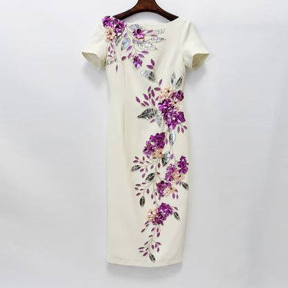 Star Graceful Fashionable Heavy Industry Beads Diamond Short Sleeve Slim Mid Length Dress  DestGlow