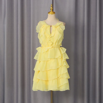 Fashionable Casual Elegant Short Dress Elegant Halter Sleeveless Three Dimensional Wooden Ear Solid Color Dress Women  DestGlow
