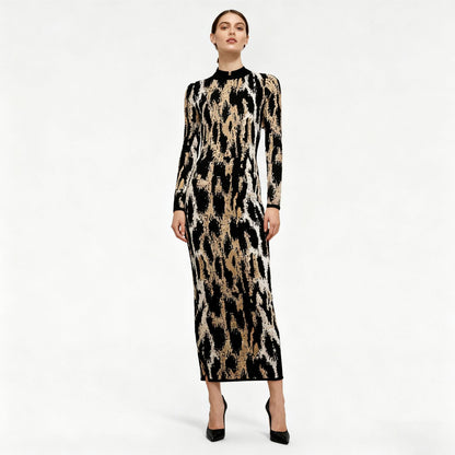Elegant Maxi Dress Autumn Winter Vintage Leopard Print round Neck Long Sleeve Slim Dress by Ragazza