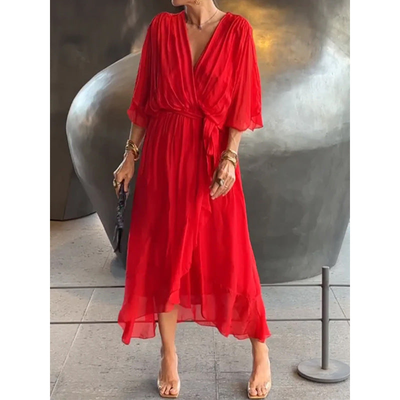 Women Clothing Solid Color Tied Maxi Dress Batwing Sleeve Irregular Asymmetric Dress by Ragazza