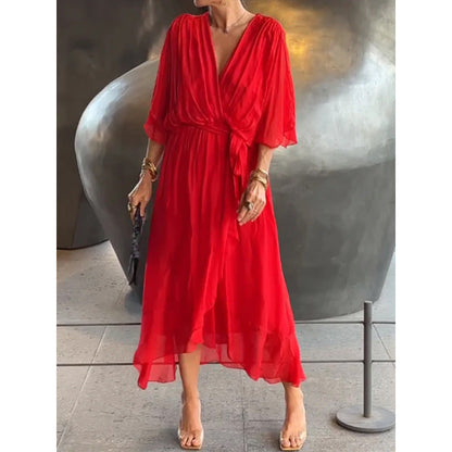 Women Clothing Solid Color Tied Maxi Dress Batwing Sleeve Irregular Asymmetric Dress by Ragazza
