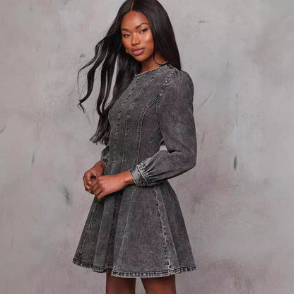 Autumn Casual Patchwork Tight Waist Women Denim Long Sleeve Dress by Ragazza