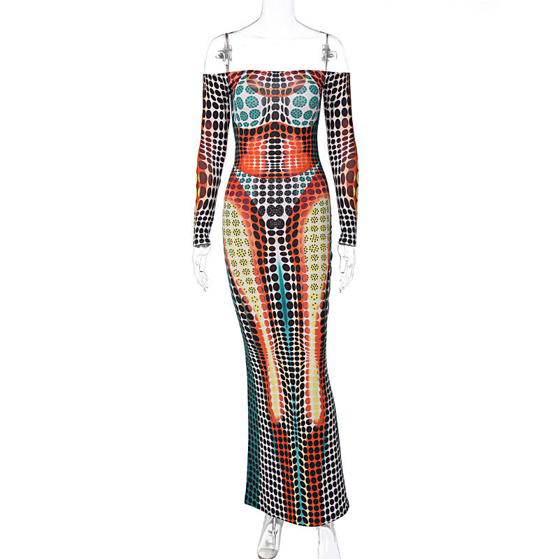 Spring Women Clothing Featured Faux off Neck Stitching Long Sleeve Slim Expansion Dress by Ragazza