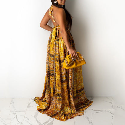 Women Clothing Sleeveless Printed Halter Dress Split Dress by Ragazza