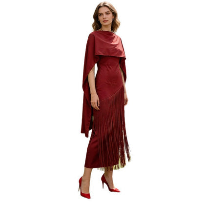 Spring Elegant Retro Faux Two Piece Long Skirt Shawl Design Tassel Dress Swing Dress Women by Ragazza