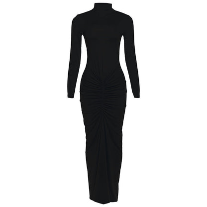 Women Clothing Autumn Solid Color Elegant Slim Slimming Pleated Turtleneck Long Sleeve Dress by Ragazza
