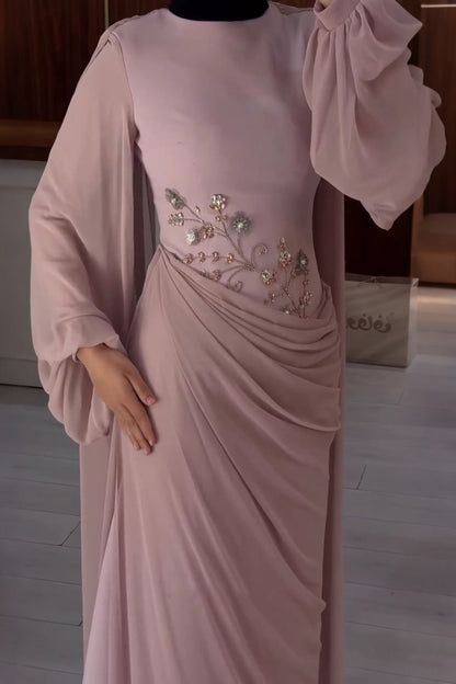 Chiffon Diamond Decorations Floral Long Sleeve Narrow Large Swing Elegant Dress  DestGlow