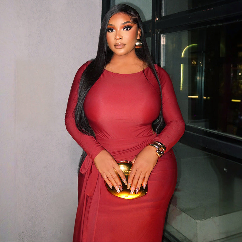 Arrival Lace up Slimming Pleated round Neck Dress Solid Color Tight Long Sleeve Tight Waist Hip Dress by Ragazza