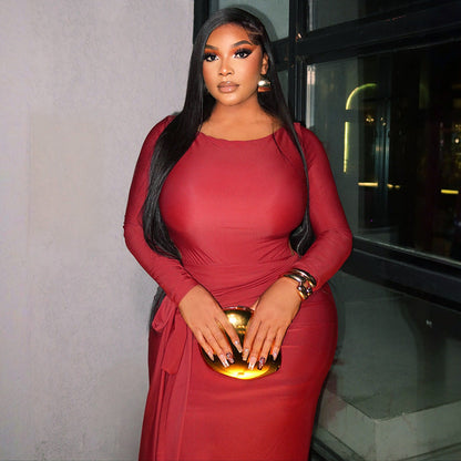 Arrival Lace up Slimming Pleated round Neck Dress Solid Color Tight Long Sleeve Tight Waist Hip Dress by Ragazza