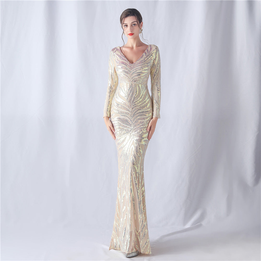 Positioning Floral Cutting Craft Magic Color Sequin Annual Meeting Wedding Long Sleeve Evening Dress by Ragazza