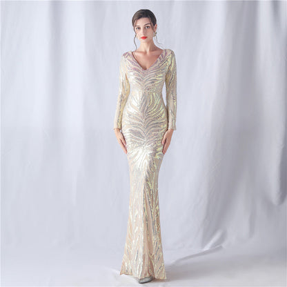Positioning Floral Cutting Craft Magic Color Sequin Annual Meeting Wedding Long Sleeve Evening Dress by Ragazza
