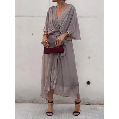 Women Clothing Solid Color Tied Maxi Dress Batwing Sleeve Irregular Asymmetric Dress by Ragazza