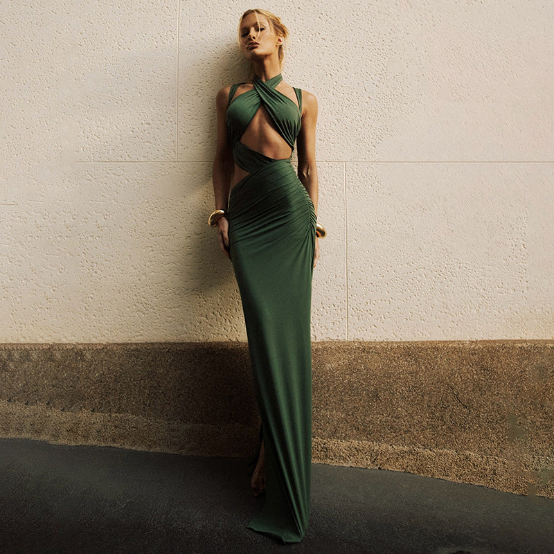 Autumn Winter Women Stitching Sexy Hollow Out Cutout out Solid Color Slim Fit Sheath Fishtail Dress by Ragazza