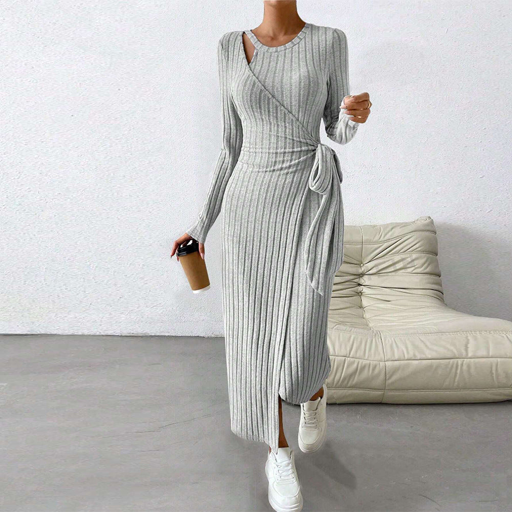 Autumn Winter Women Clothes Knitted Gray Dress Irregular Asymmetric Maxi Dress by Ragazza