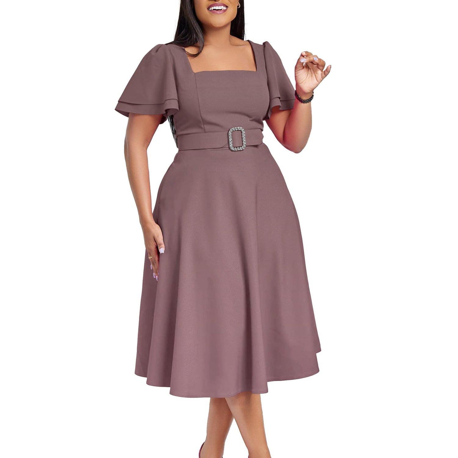 Women Clothing Flared Sleeves Square Collar High Waist Solid Color Elegant Dress by Ragazza