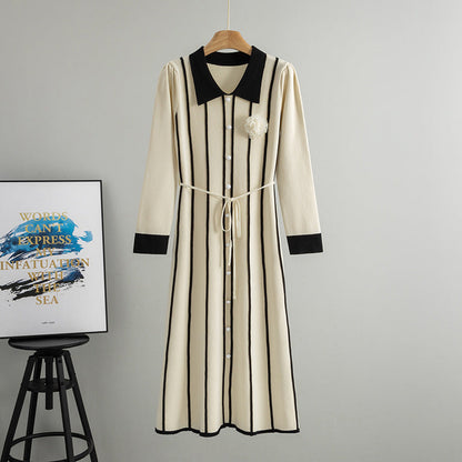 Spring Camellia Decorative Striped Contrast Color Waist Dress French by Ragazza