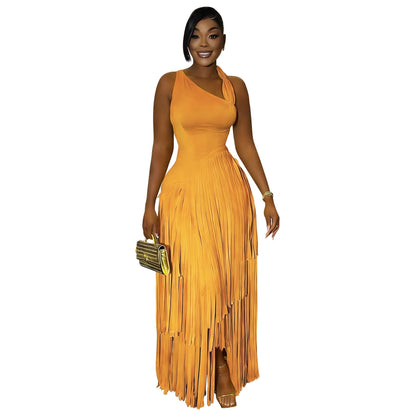 Women Clothing Solid Color Tassel Dress Elegant Slim Dress  DestGlow