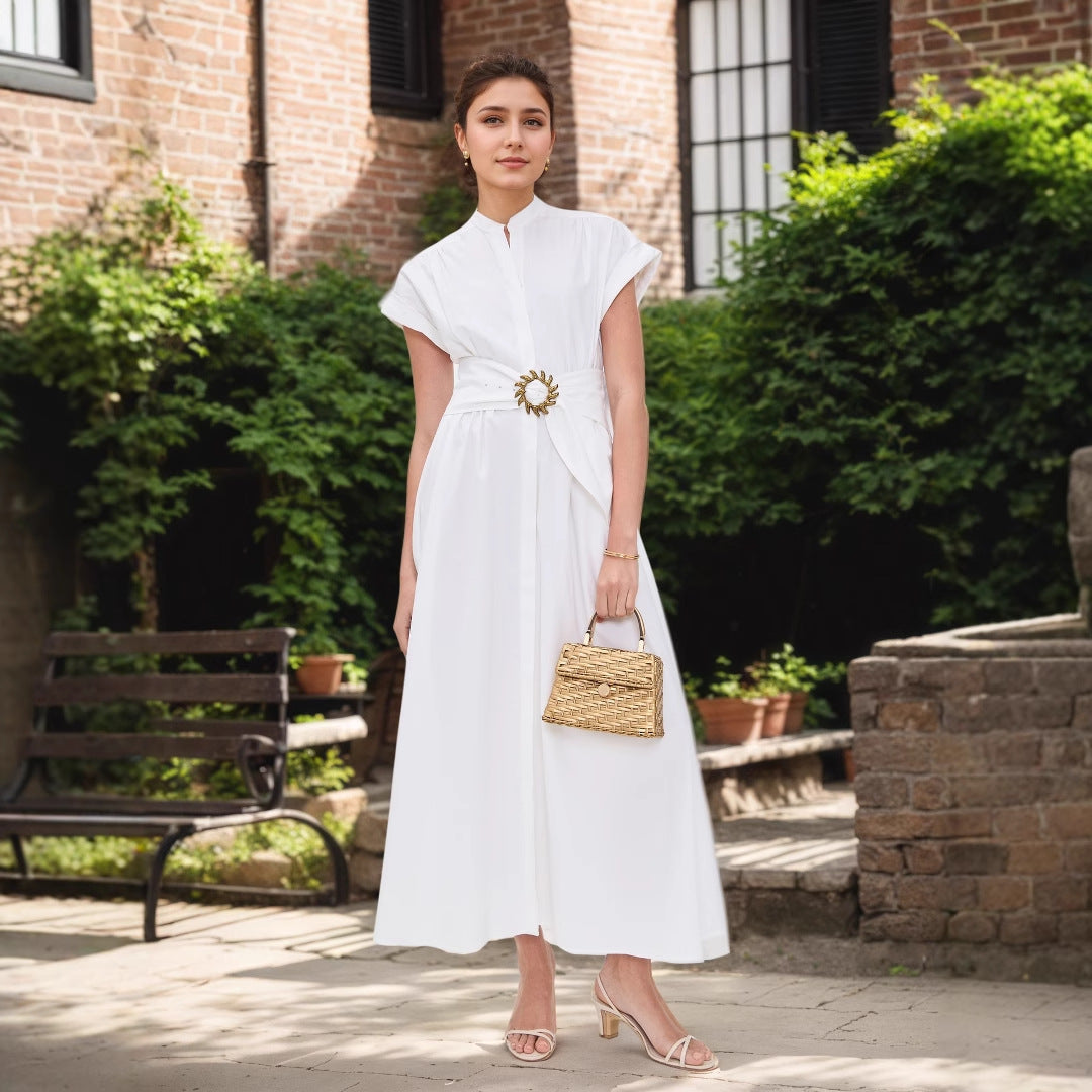 White Stand Collar Sun Metal Decoration Belt Waist Design Short Sleeve Long Pattern Dress  DestGlow