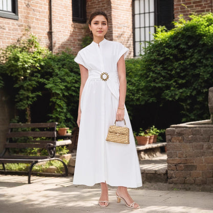 White Stand Collar Sun Metal Decoration Belt Waist Design Short Sleeve Long Pattern Dress  DestGlow