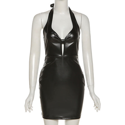 Summer Women Clothing Halter Sexy Hollow-out Backless Low-Cut Slim Fit Faux Leather Dress for Women by Ragazza