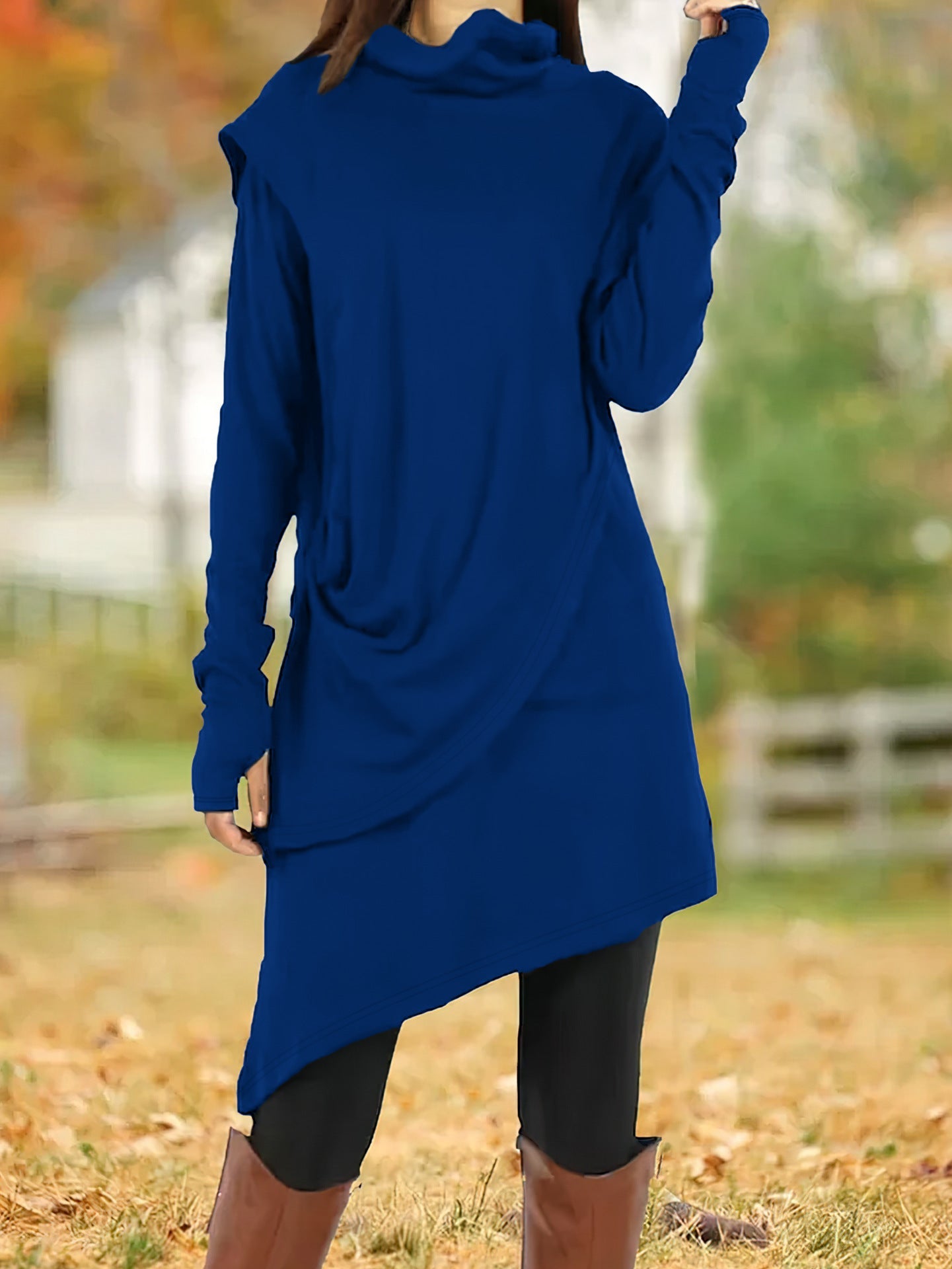 Autumn Winter Black High Collar Irregular Asymmetric Faux Two Piece Long-Sleeved Dress Women by Ragazza