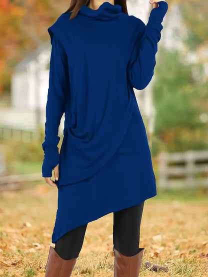 Autumn Winter Black High Collar Irregular Asymmetric Faux Two Piece Long-Sleeved Dress Women by Ragazza