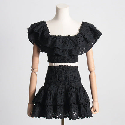 Summer French Wooden Ear Short Top High Waist Cake Layer Skirt Sexy Two Piece Suit Suit by Ragazza