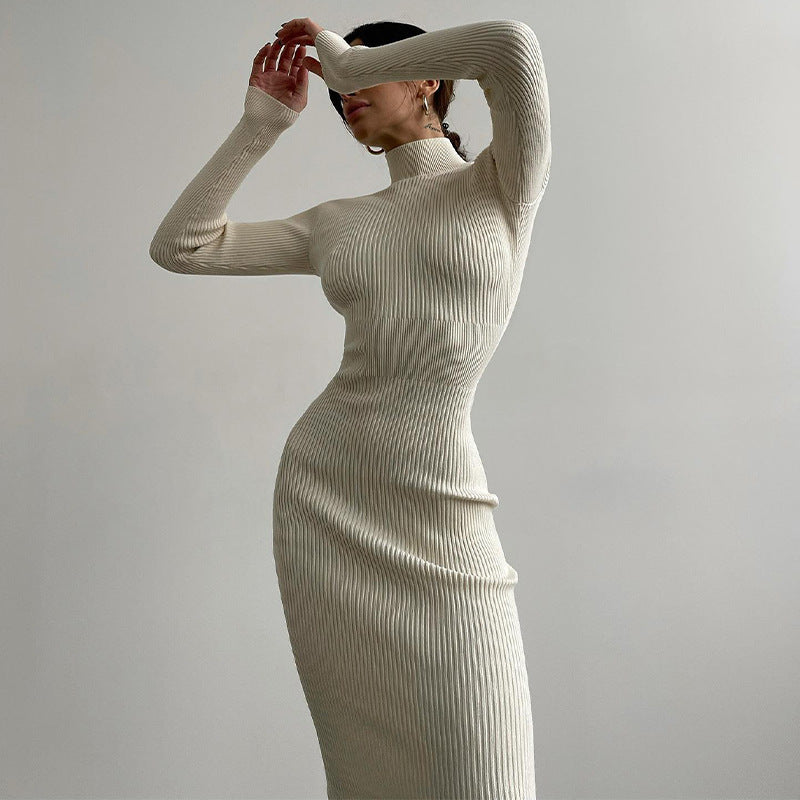 High Collar Mid Length Sunken Stripe Knitted Dress Women Solid Color Wool Tight Sexy Autumn Winter Dress by Ragazza