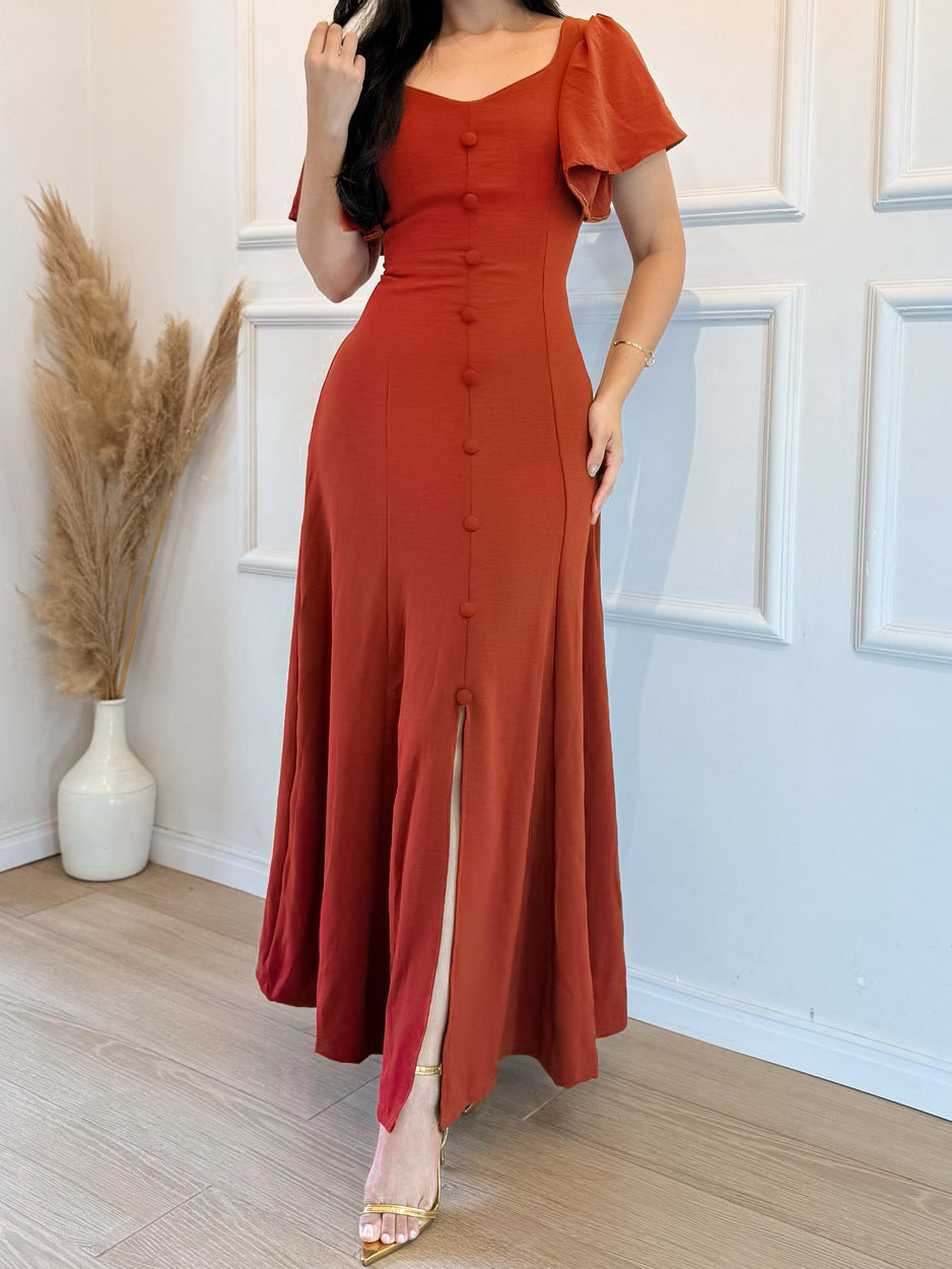Women Ruffle Sleeve Waist Trimming Casual Elegant Button Split Dress by Ragazza