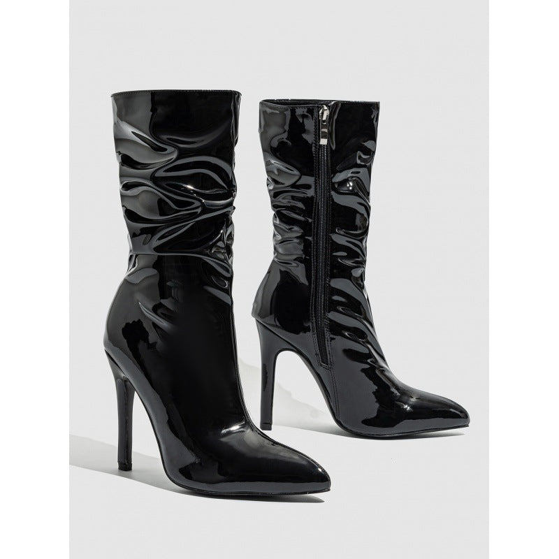 Supply Pointed Stiletto Heel Pile Boots Patent Leather Nude Shoes Short High Heel Riding Boots  DestGlow