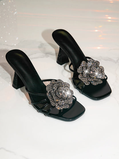 Women Summer Sandals High Heel Slippers Wine Cup Heel Rhinestone Floral High Heel Sandals Black Silver Gold  DestGlow