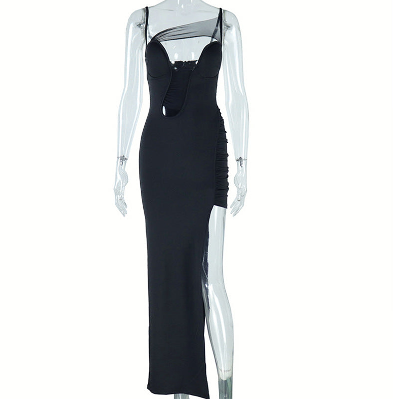 Sexy Cutout Dress Mesh Stitching Mid Length Slit Sheath Dress Solid Color Pullover Dress Gown by Ragazza