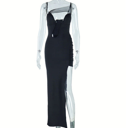 Sexy Cutout Dress Mesh Stitching Mid Length Slit Sheath Dress Solid Color Pullover Dress Gown by Ragazza