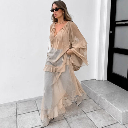 Khaki Autumn Winter Batwing Sleeve Dress Sun Protective Blouse Maxi Dress for Women by Ragazza
