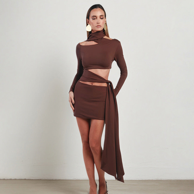 Women Clothing Autumn Strap off the Shoulder Hollow Out Cutout Irregular Asymmetric Dress by Ragazza