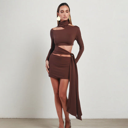 Women Clothing Autumn Strap off the Shoulder Hollow Out Cutout Irregular Asymmetric Dress by Ragazza