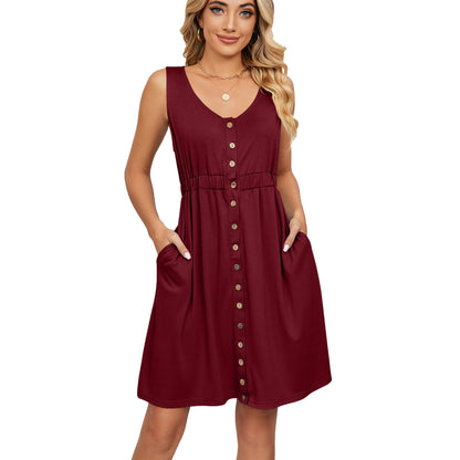 Spring Summer Solid Color Sleeveless Button Pocket Crew Neck Split Waist Dress by Ragazza