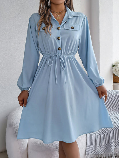 Real Shot Autumn Winter Casual Button Lace up Waist Controlled Long Sleeves Shirt Dress Women Clothing by Ragazza