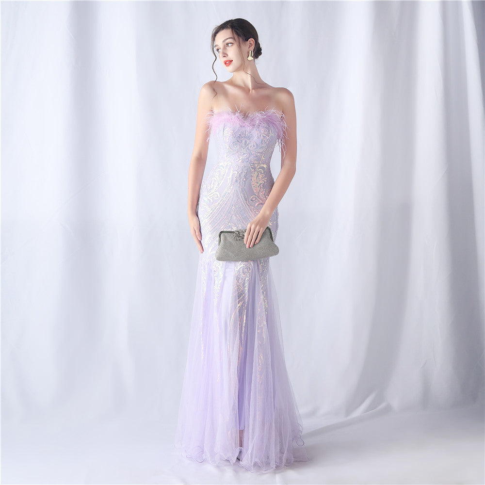 Ostrich Feather Positioning Floral Cutting Wedding Annual Meeting Tube Top Sequin Gauze Evening Dress by Ragazza
