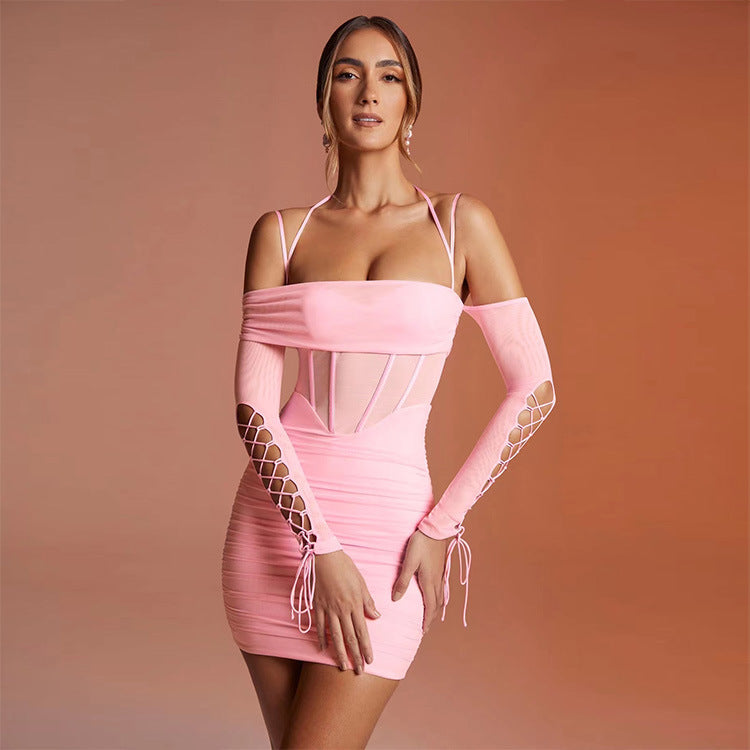 Spring Women Clothing Mesh Solid Color Lace up Off The Shoulder Long Sleeve Waist Hip Dress by Ragazza