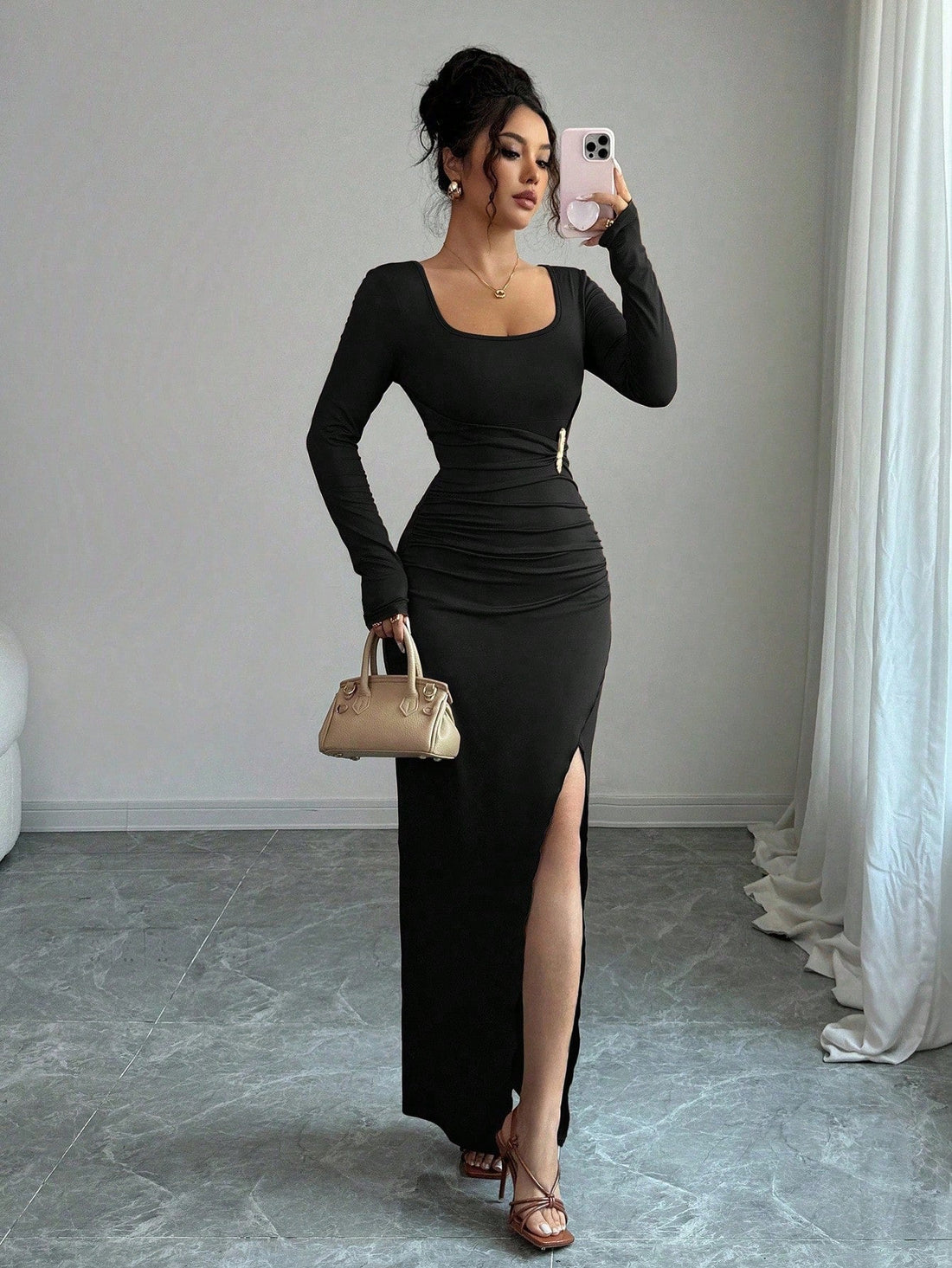 Spring U Collar Solid Color Slim Fit Slimming Knitted Long Sleeve Split Dress by Ragazza