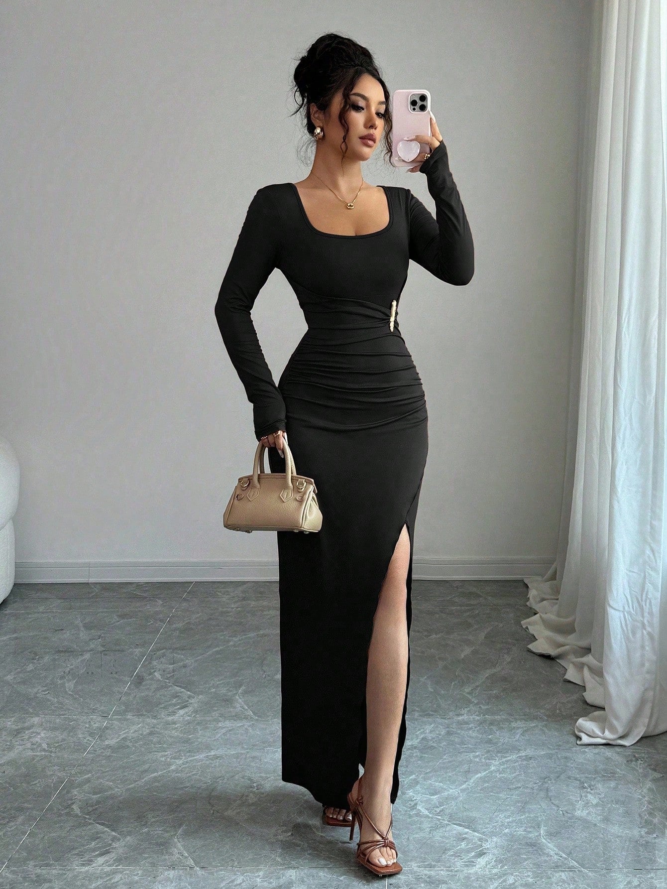 Spring U Collar Solid Color Slim Fit Slimming Knitted Long Sleeve Split Dress by Ragazza