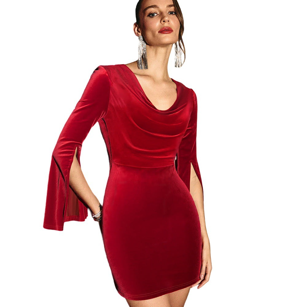 Women Velvet Wine Red Dress Autumn Winter High Grade Slim Dress by Ragazza
