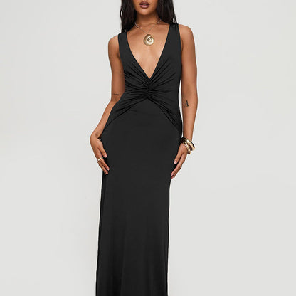 Milk Silk Dress Sexy V neck Halter Backless Pleated Long Fish Tail Dress by Ragazza